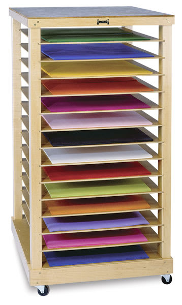 Open in modal - Jonti-Craft Paper Rack - Front view of rack with multi-colored papers loaded on each shelf
