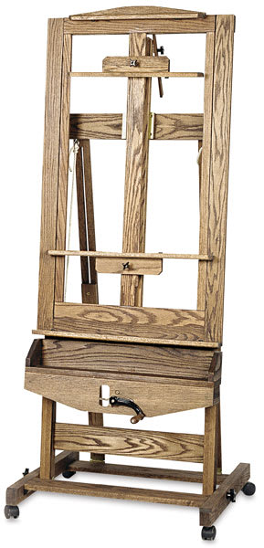Open in modal - Best Kelley Easel - Front view of easel showing canvas holders and crank