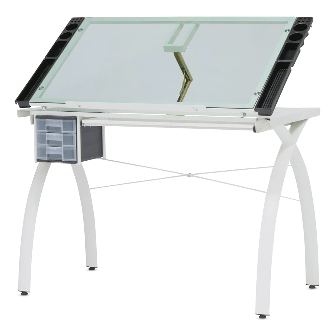 Open in modal - Studio Designs Futura Craft Station - Ivory Frame/Sea Green Glass, front with the top raised
