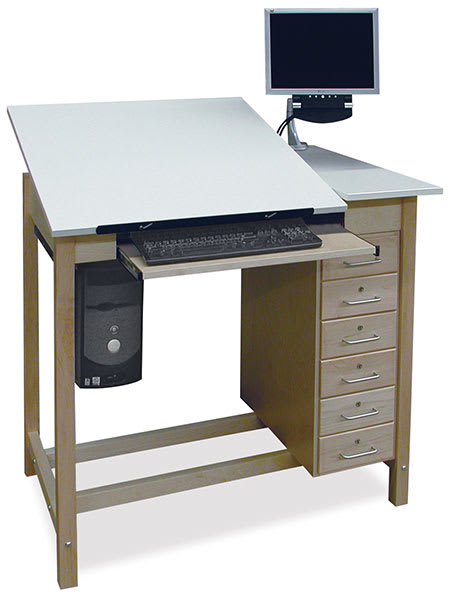 Open in modal - Hann Drafting Tables - Left angle view of Adjustable CAD Drafting Table with computer (not included)