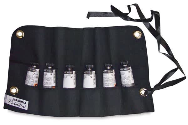 Open in modal - Guerrilla Painter Paint Tube Roll-Ups - 6 Paint tubes shown in canvas Roll-Up
