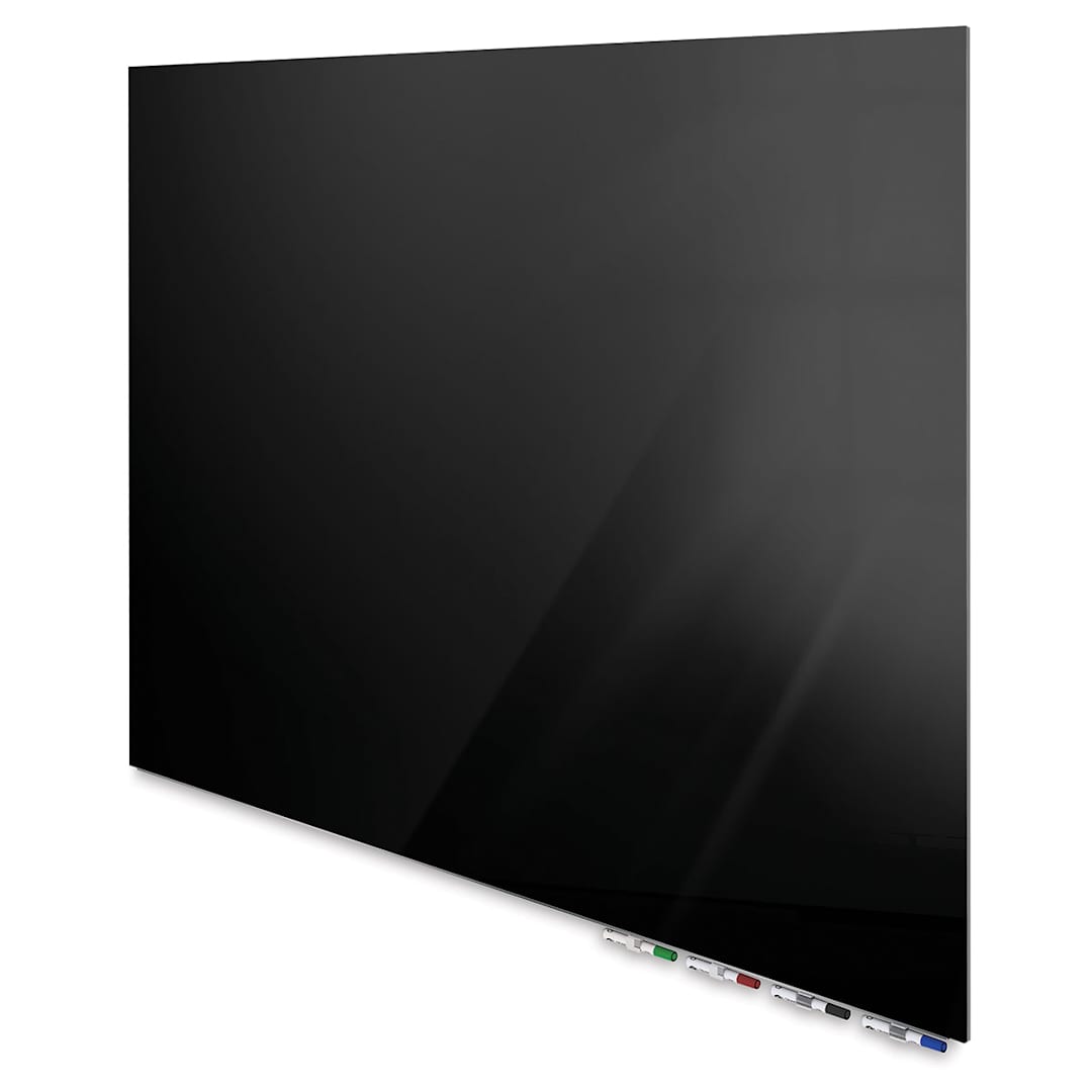 Open in modal - Ghent Aria Magnetic Glassboards - right angled view of black glassboard showing marker tray 