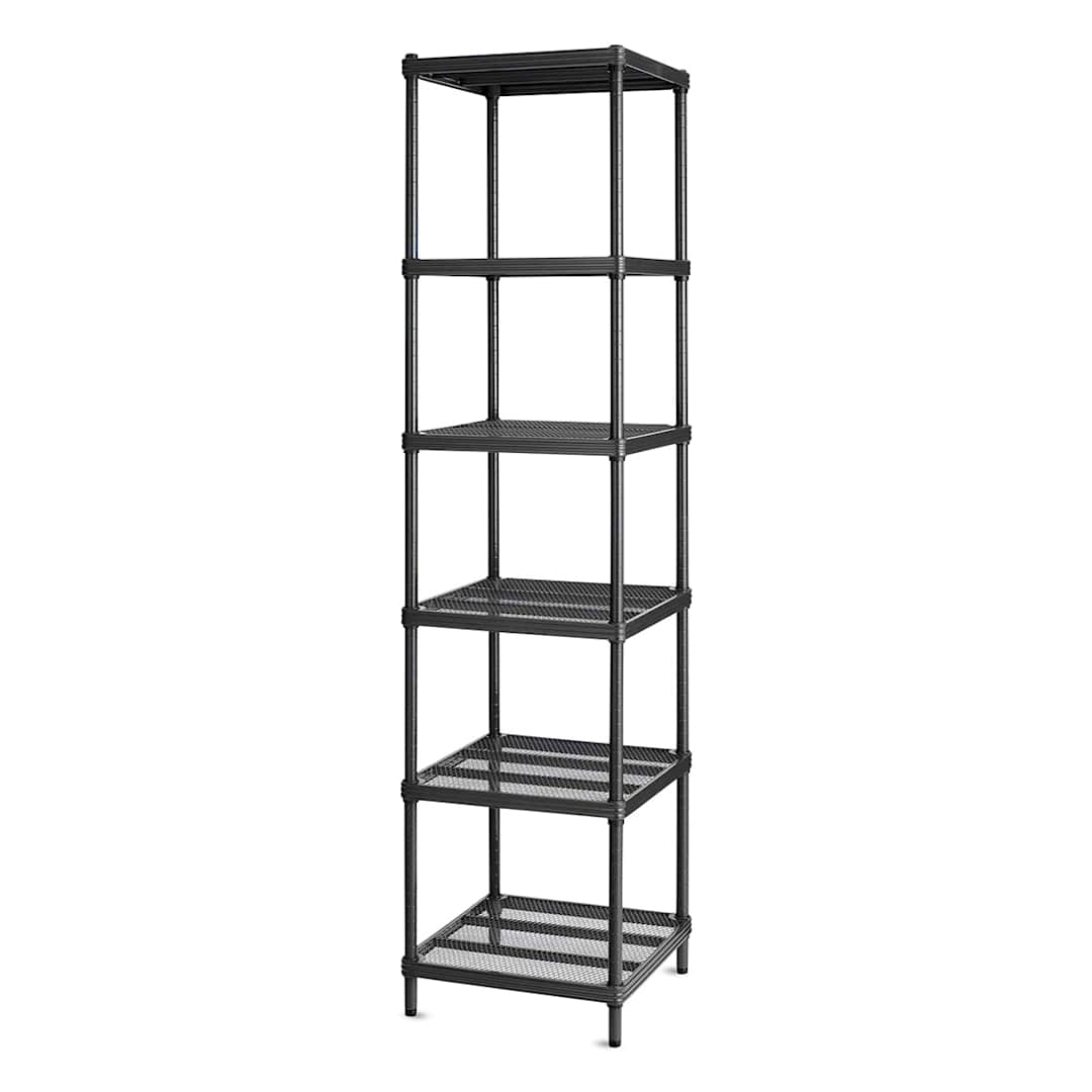 Open in modal - Design Ideas MeshWorks Shelving Units - Slightly angled view of narrow 6 shelf black unit 