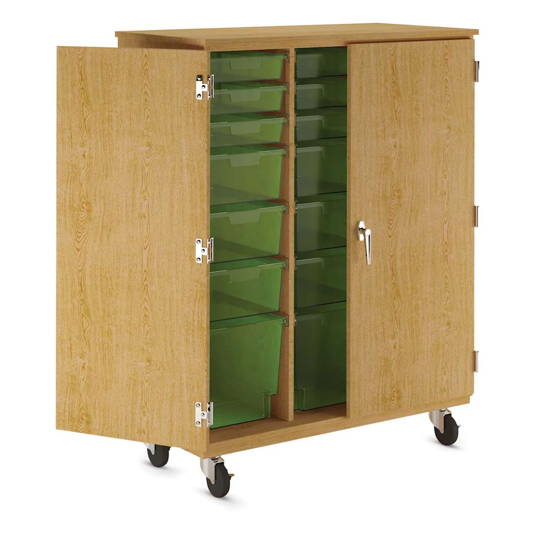 Open in modal - Diversified Spaces Mobile Tote and More Storage Cabinet with Locking Doors - Oak with Lime Totes