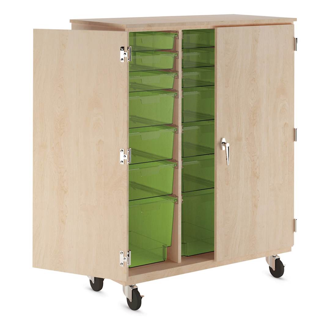 Open in modal - Diversified Spaces Mobile Tote and More Storage Cabinet with Locking Doors - Maple with Lime Totes