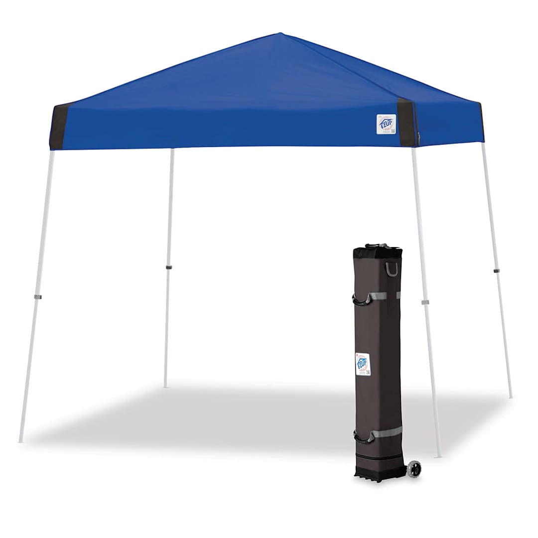 Open in modal - E-Z Up Vista Instant Shelter-two shown, one open and one rolled for transport