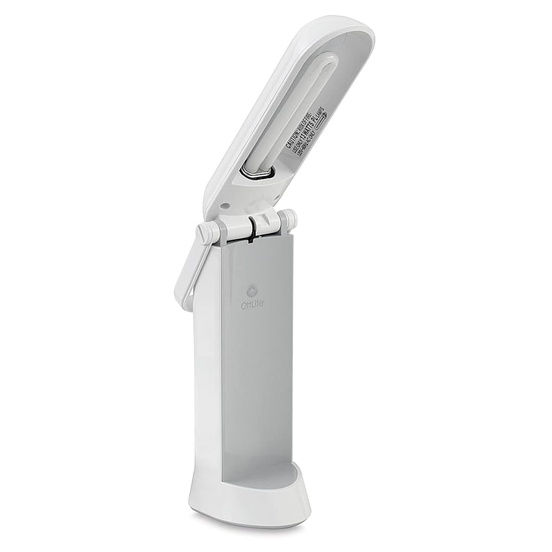 Open in modal - OttLite TrueColor Task Lamp - Angled view with Lamp raised and showing bulb
