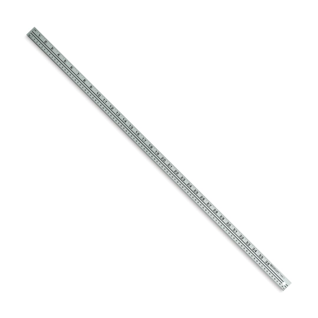 Open in modal - Westcott Aluminum Yard/Meter Stick - Angled view of yardstick showing inches and millimeters