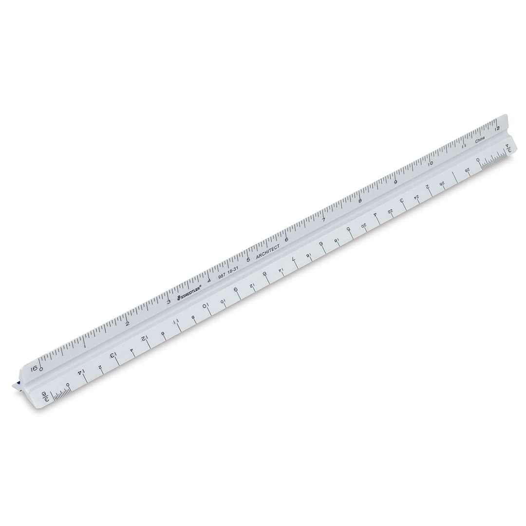 Open in modal - Staedtler Mars Triangular Scales - Color coded Architect Scale shown at angle (side with white groove)