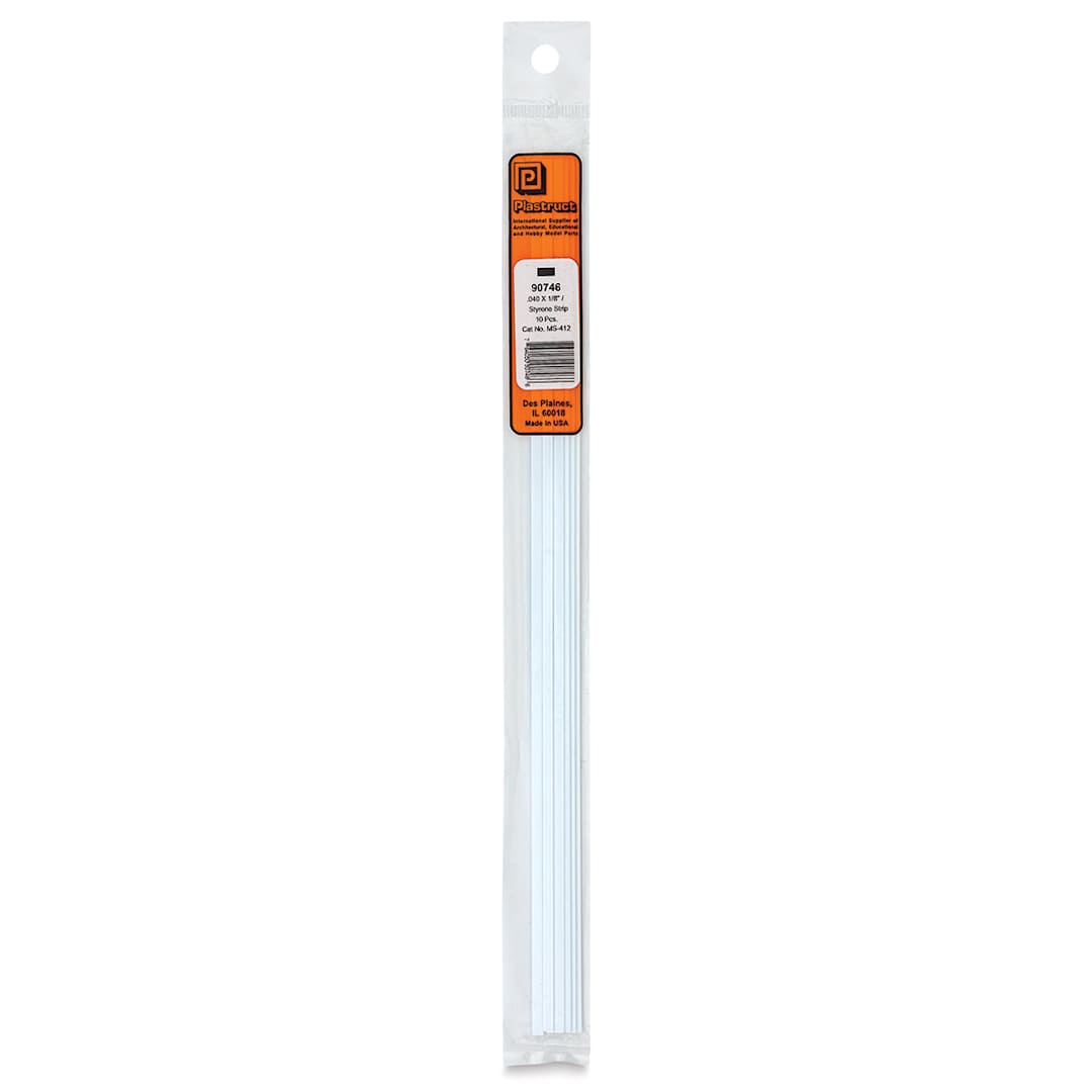 Open in modal - Plastruct Plastic Strip - Pkg of 10, 0.04" H × 0.125" W × 10" L - front of packaging