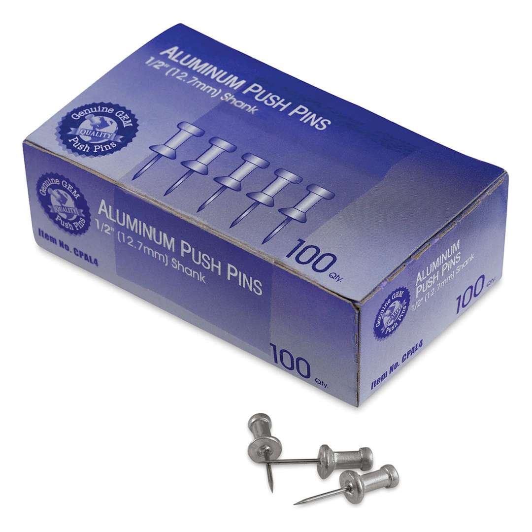 Open in modal - Advantus GEM Aluminum Push Pins - Closed box of 1/2" Push pins with 3 loose