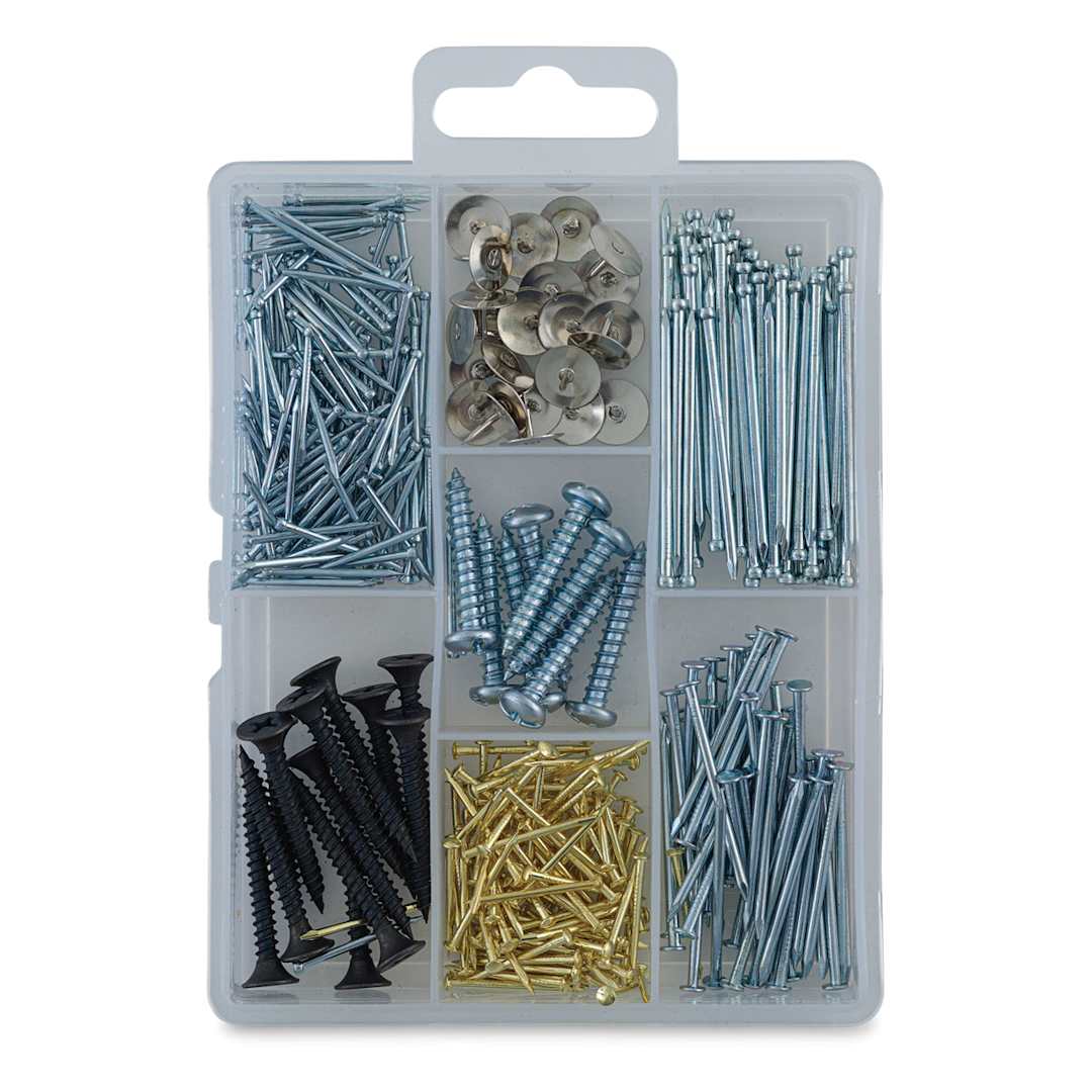 Open in modal - Homepak Tacks, Nails, Brads, and Screws Assortment - Clear package showing contents
