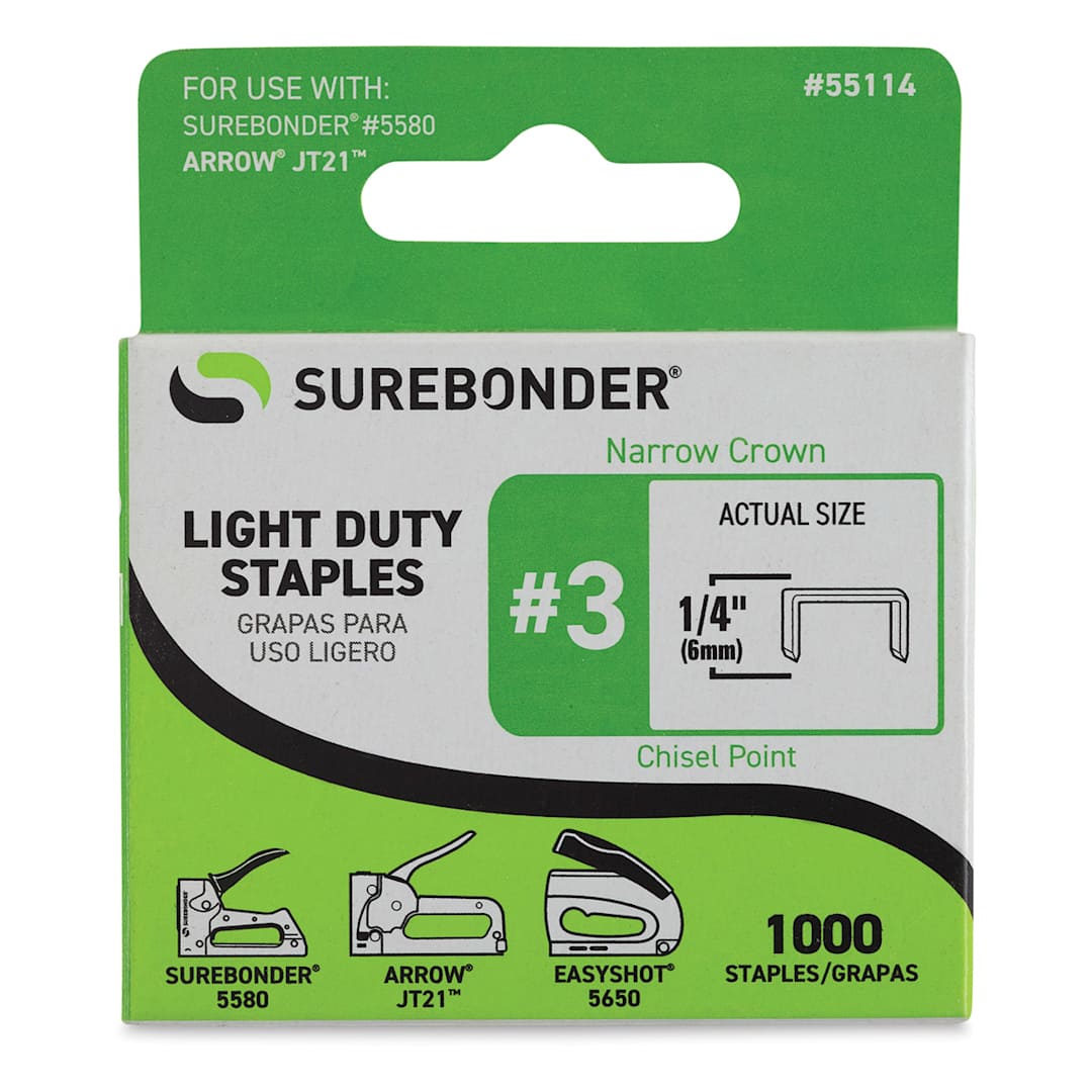 Open in modal - Surebonder Light Duty Staples - Front of package of 1000 1/4 inch staples
