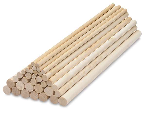 Open in modal - Creativity Street Wooden Dowel Rods - Angled view of stack of assorted diameter Rods
