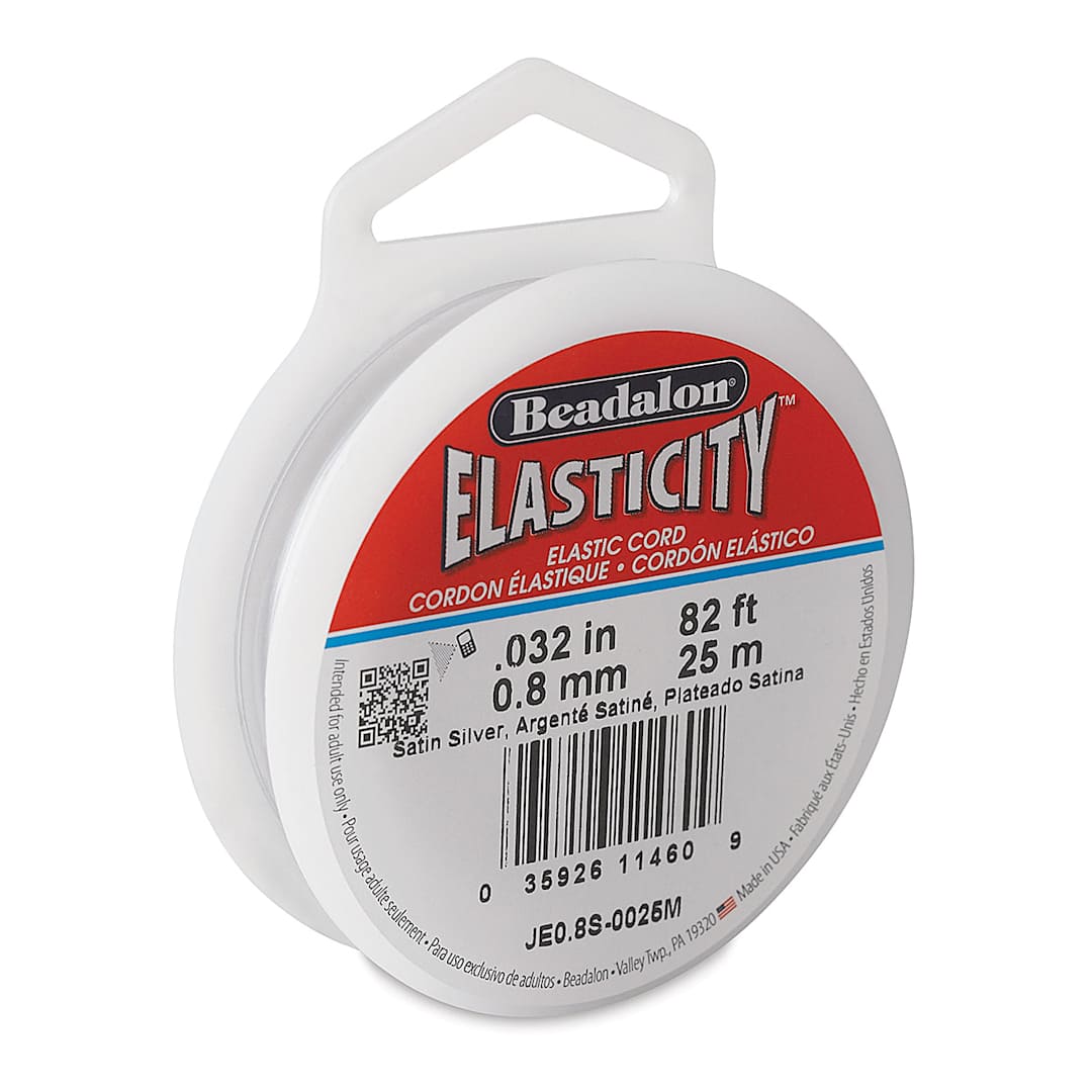 Open in modal - Beadalon Elasticity Stretch Cord - Angled view of Roll of Satin Silver thread