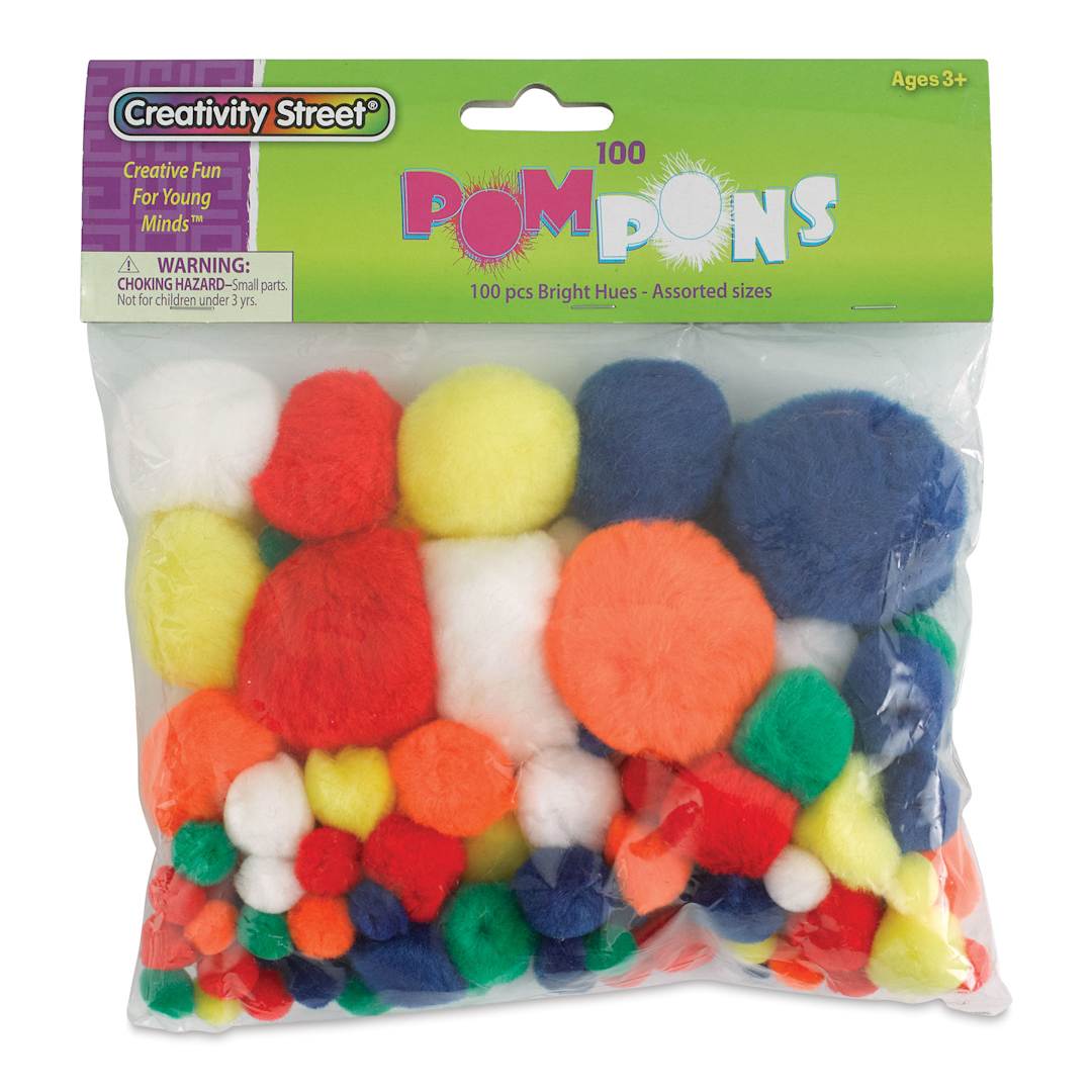 Open in modal - Creativity Street Pom Pons Assortments - Bright Hues, 1/4" to 2", Pkg of 100, front of the packaging