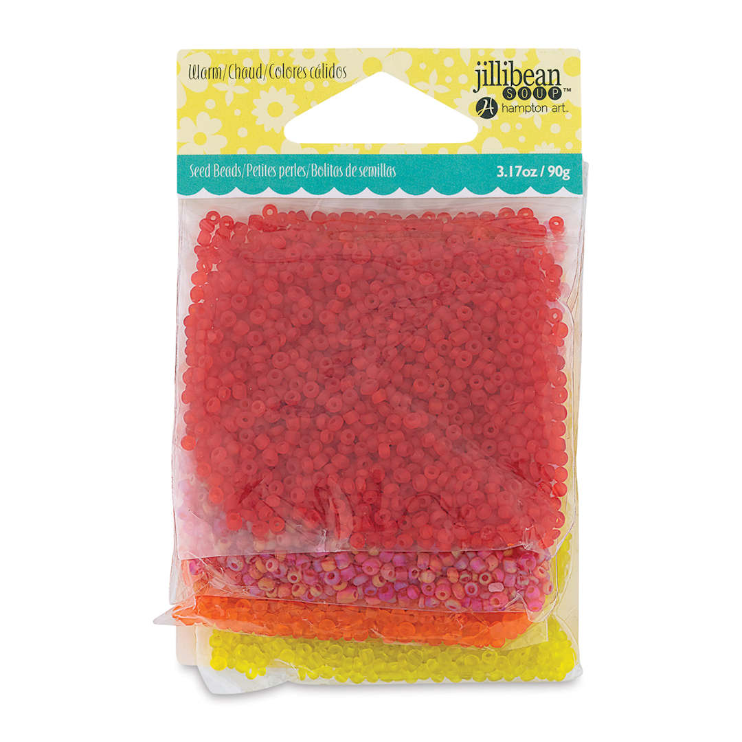Open in modal - Jillibean Soup Seed Beads Packs, warm colors, Pkg of 4, inside of packaging. 
