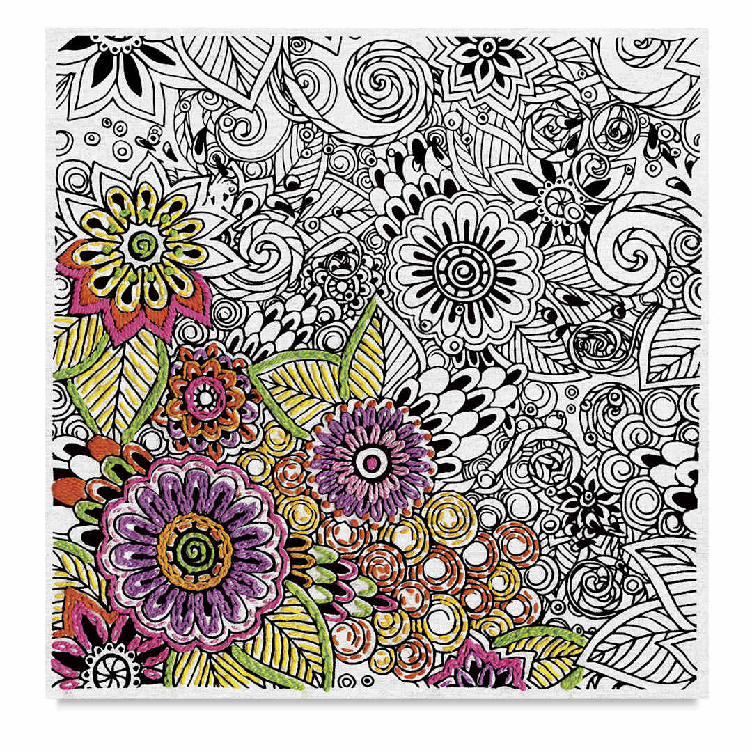 Open in modal - Zenbroidery Stamped Embroidery Kits - Floral design fabric partially embroidered
