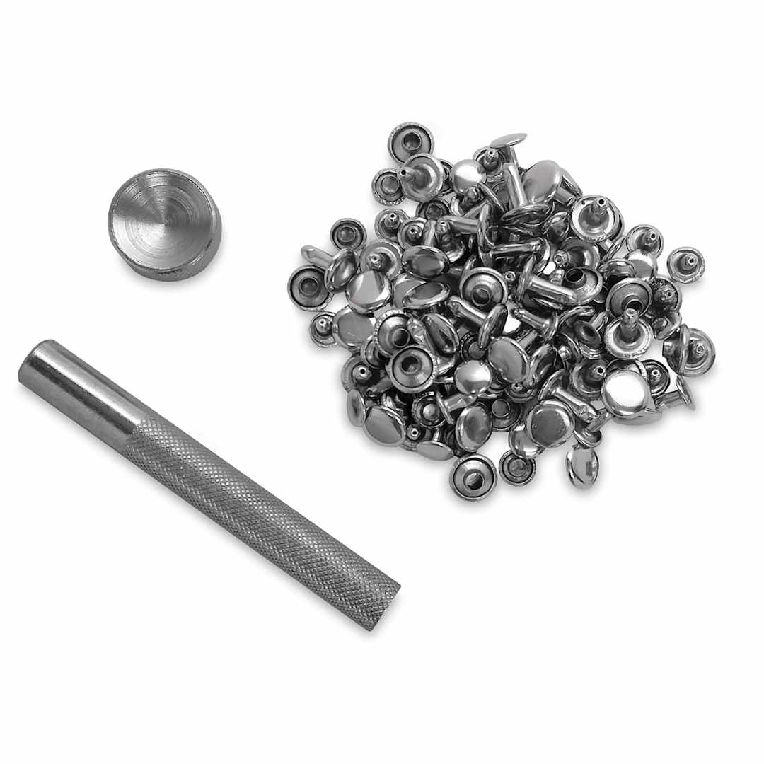 Open in modal - Realeather Rivet Setter Kit - Rivet, setter, and anvil shown
