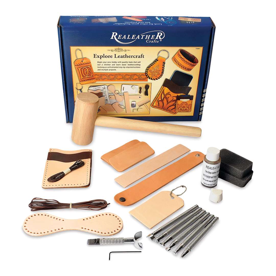 Open in modal - Realeather Explore Leathercraft Kit - Components of kit shown with package