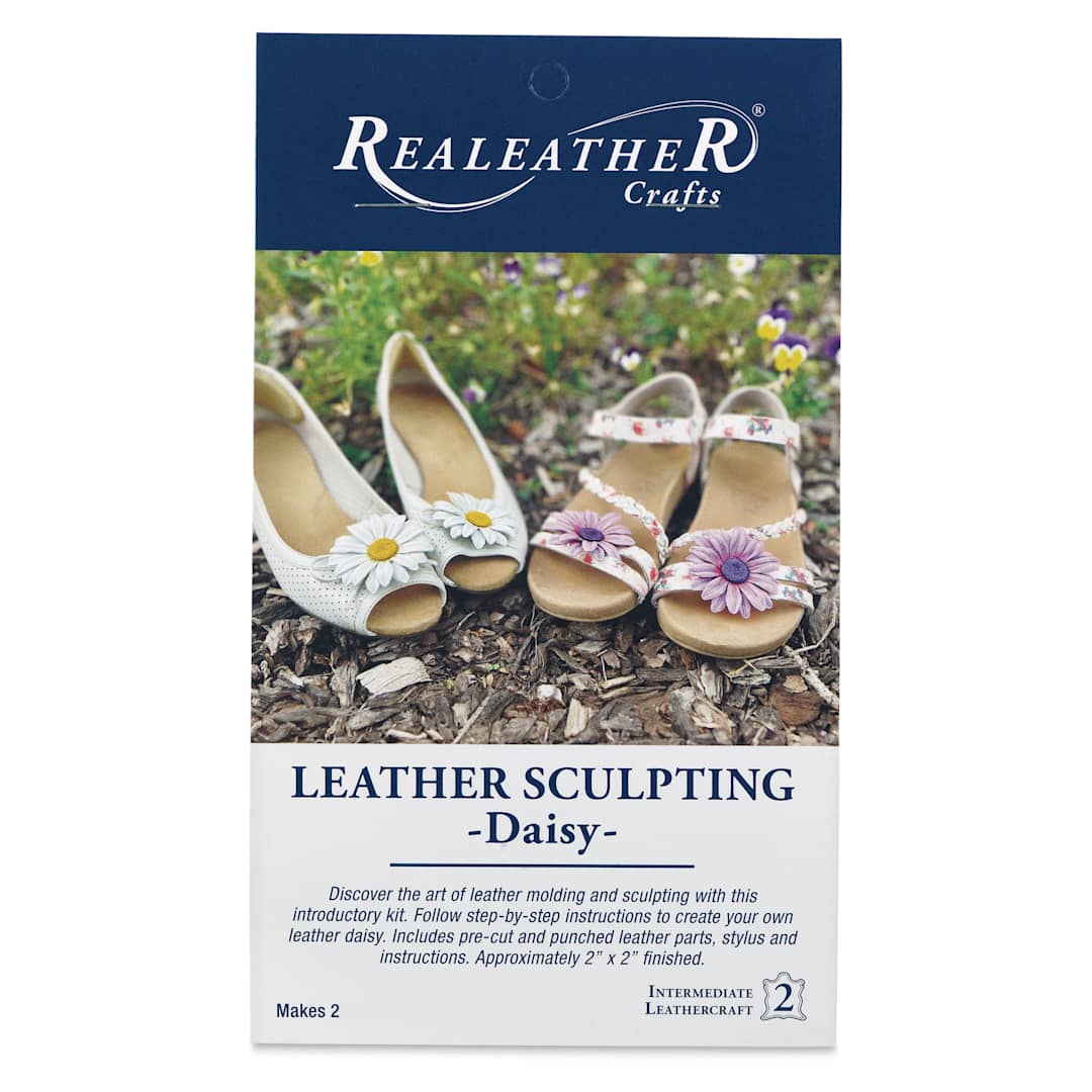 Open in modal - Realeather Daisy Leather Sculpting Kit - Daisy Flower, Kit of 7 pieces, front of the packaging