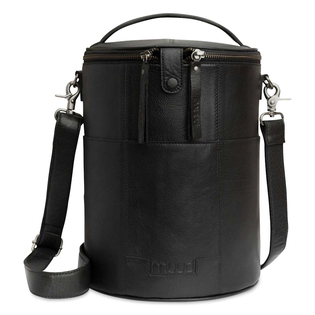 Open in modal - Muud Saturn XL Leather Needlework Project Bag - Black - front, with strap