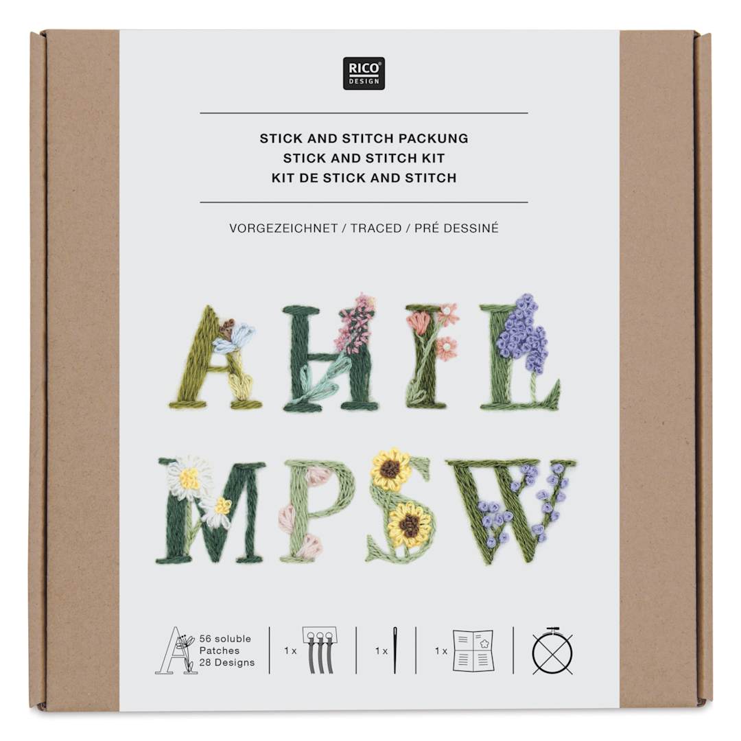 Open in modal - Rico Design Stick and Stitch Embroidery Kit - Pkg of 56, Colorful Floral Alphabet front of packaging