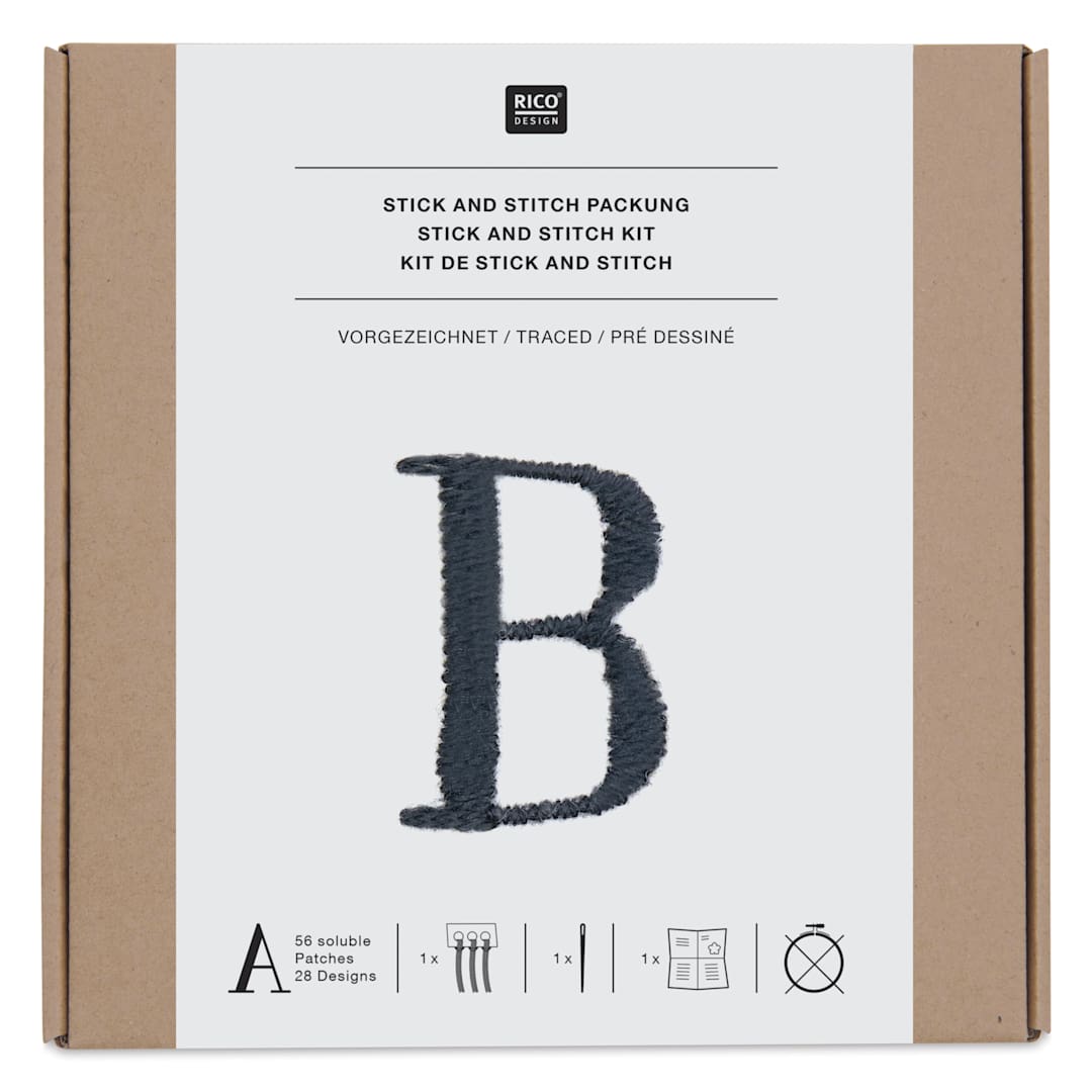 Open in modal - Rico Design Stick and Stitch Embroidery Kit - Pkg of 56, Black Alphabet front of packaging