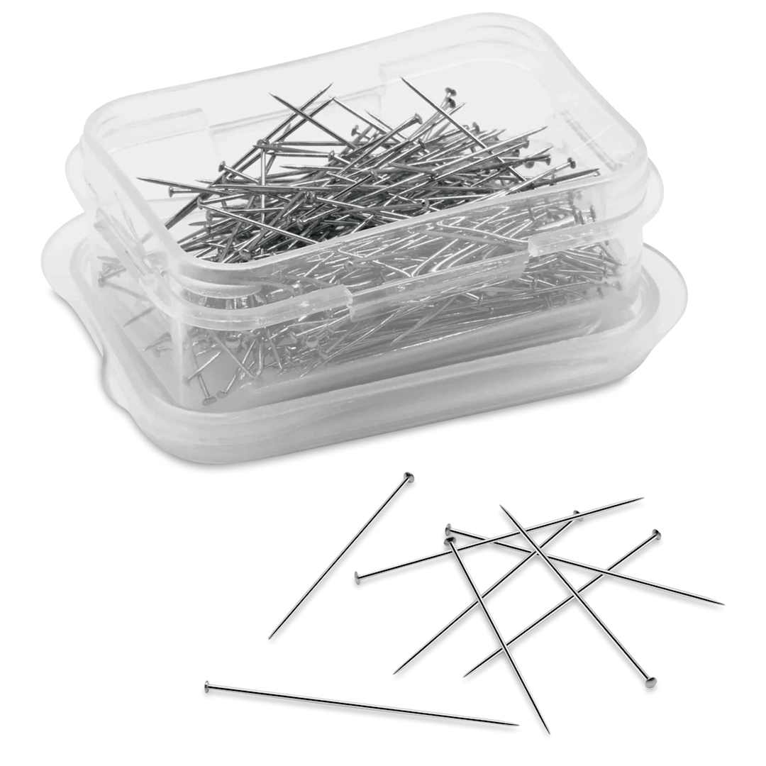 Open in modal - Dritz Super Sharp Fine Pins - Pkg of 250, opened storage box with pins laid out