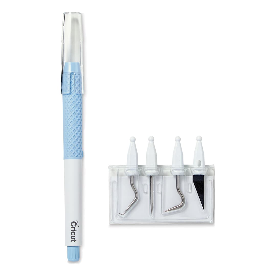 Open in modal - Cricut TrueControl Weeding Kit - Components of kit showing  Handle with cap and various tips