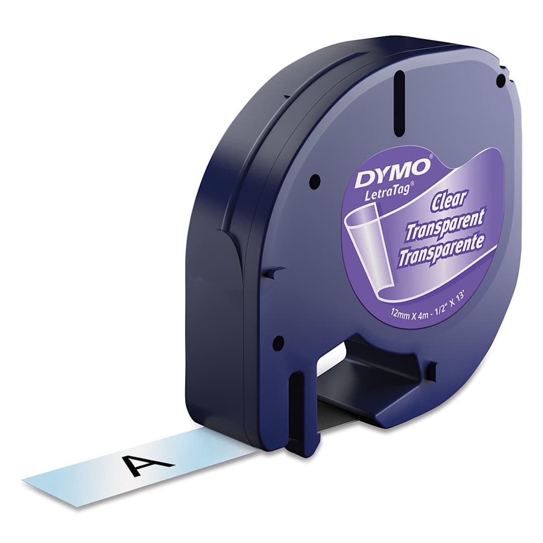 Open in modal - Dymo LetraTag Label Tape - Angled view of dispenser with clear plastic tape slightly out
