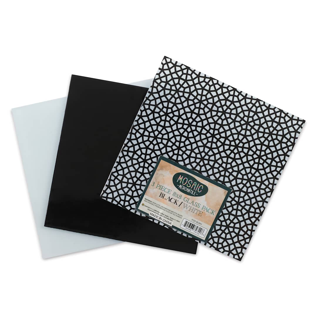 Open in modal - Mosaic Mercantile Opalescent Glass Pack - Black and White, 8" x 8", Pkg of 3, fanned out