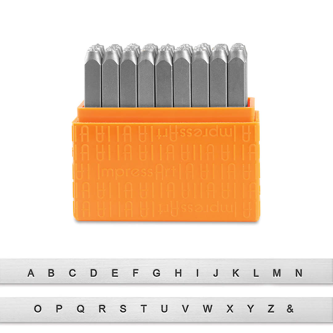 Open in modal - ImpressArt Letter and Number Stamp Sets - Front view of open Uppercase San Serif font set with type