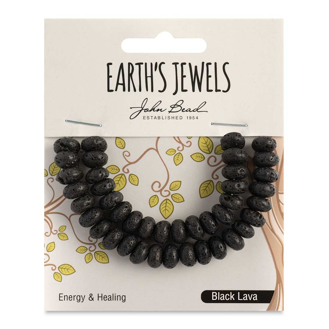 Open in modal - John Bead Earth's Jewels Black Lava Beads - Donut Rondelle, 5 mm x 8 mm, 41 beads - front of packaging