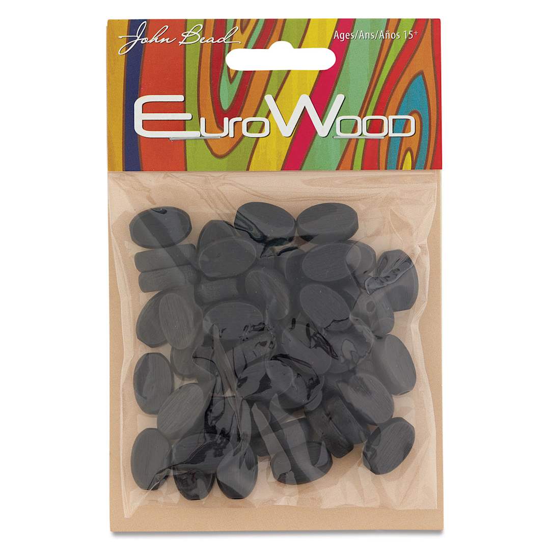 Open in modal - John Bead Euro Wood Beads - Front view of package of Black Flat Oval Beads