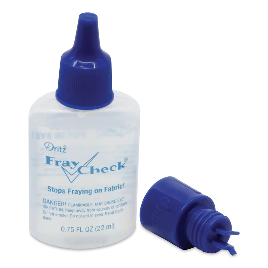 Open in modal - Dritz Fray Check Liquid Seam Sealant - .75 oz Bottle with Fabric Guide Applicator out of packaging with applicator off