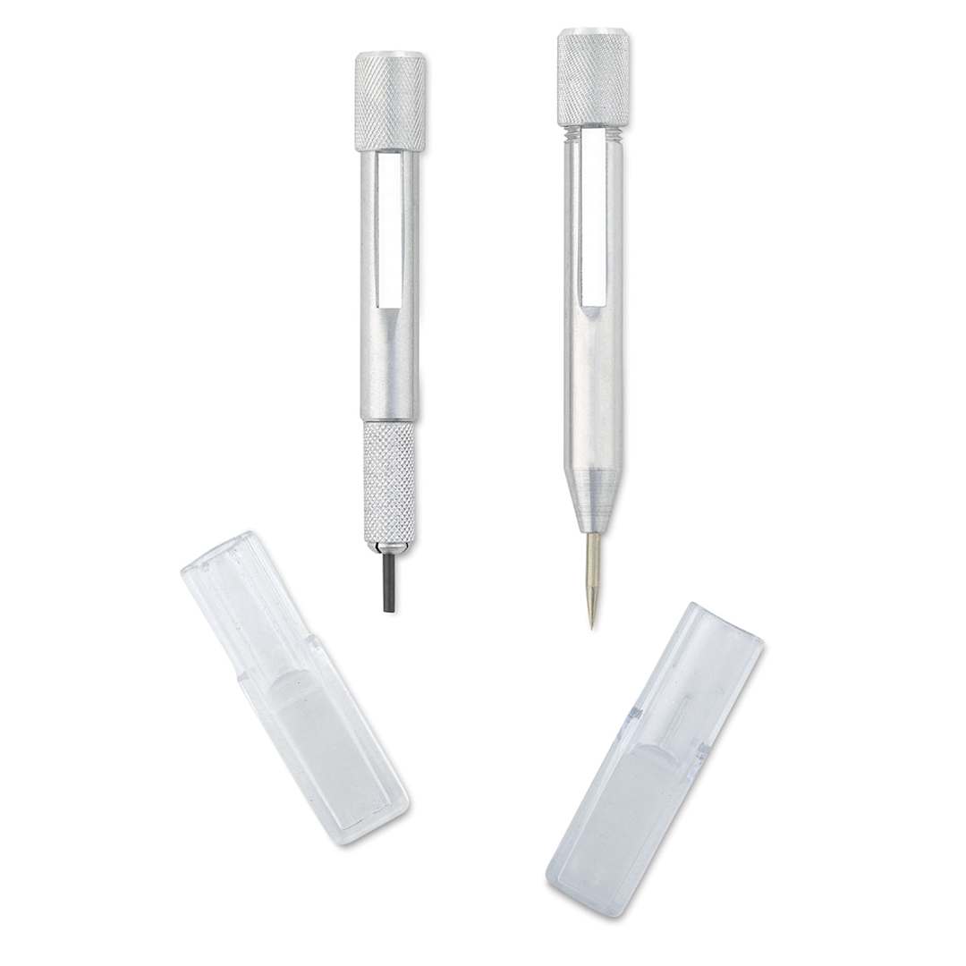 Open in modal - Excel Blades Yardstick Compass - Pin post and lead point shown upright with caps adjacent