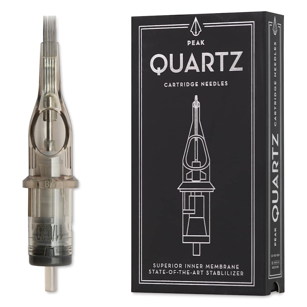 Open in modal - Peak Quartz Magnum Medium Taper Tattoo Needle Cartridges - #10, 11 Needles, Pkg of 20, needle and packaging