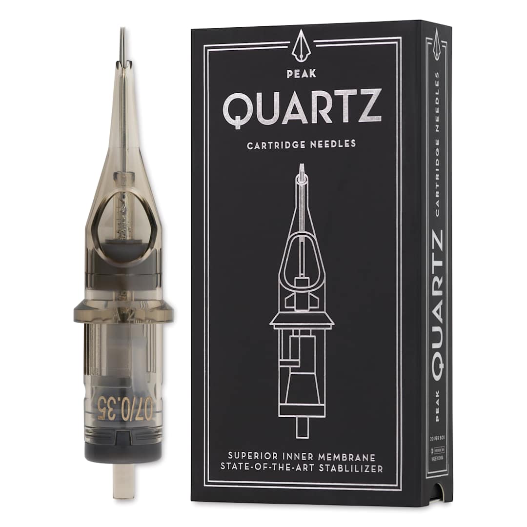 Open in modal - Peak Quartz Round Liner Medium Taper Tattoo Needle Cartridges - #12, 7 Needles, Pkg of 20, needle and packaging