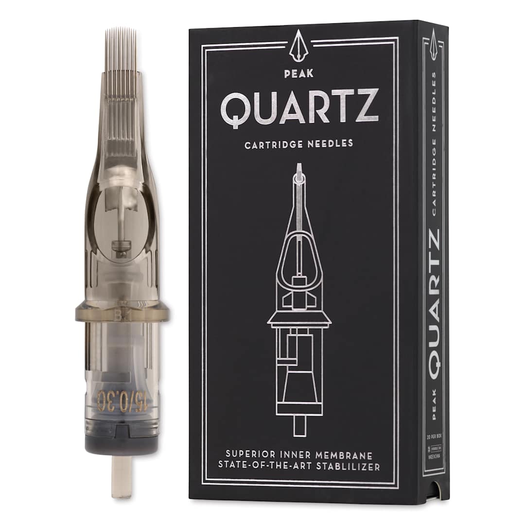 Open in modal - Peak Quartz Curved Magnum Medium Taper Tattoo Needle Cartridges - #10, 15 Needles, Pkg of 20, needle and packaging