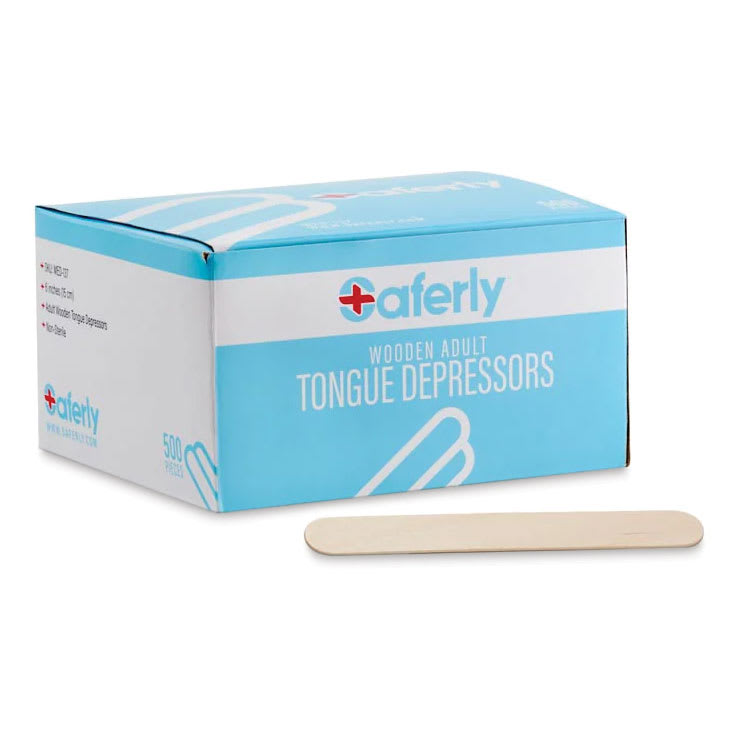 Open in modal - Saferly Tongue Depressors - Pkg of 500, depressor next to packaging