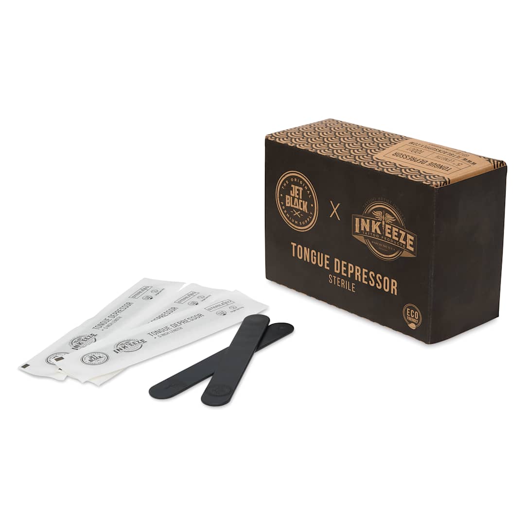 Open in modal - TatSoul Jet Black x Inkeeze Tongue Depressors - Pkg of 100, tongue depresors and packaging