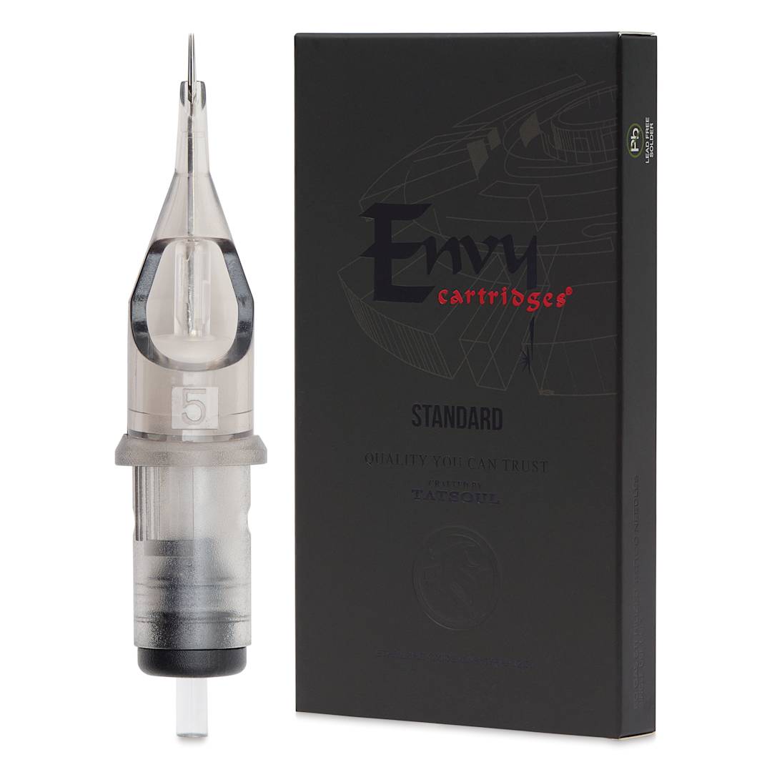 Open in modal - TatSoul Envy Standard Round Liner Long Taper Tattoo Needle Cartridge - #12, 5 Needles, Pkg of 10, front and back of individual packaging