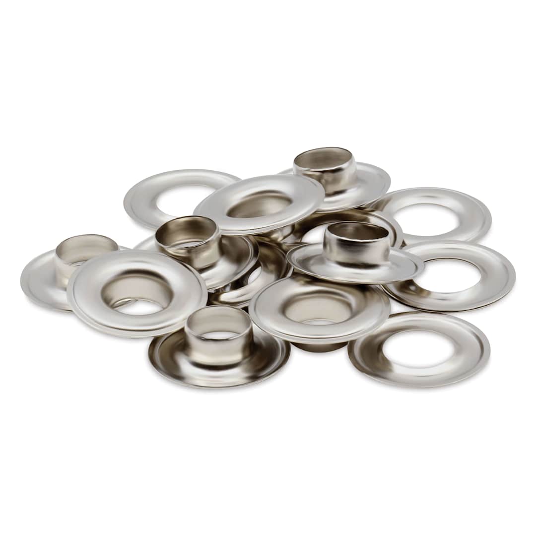 Open in modal - Dritz Grommets - Nickel-Plated Brass, Pkg of 8, laid outside of the packaging