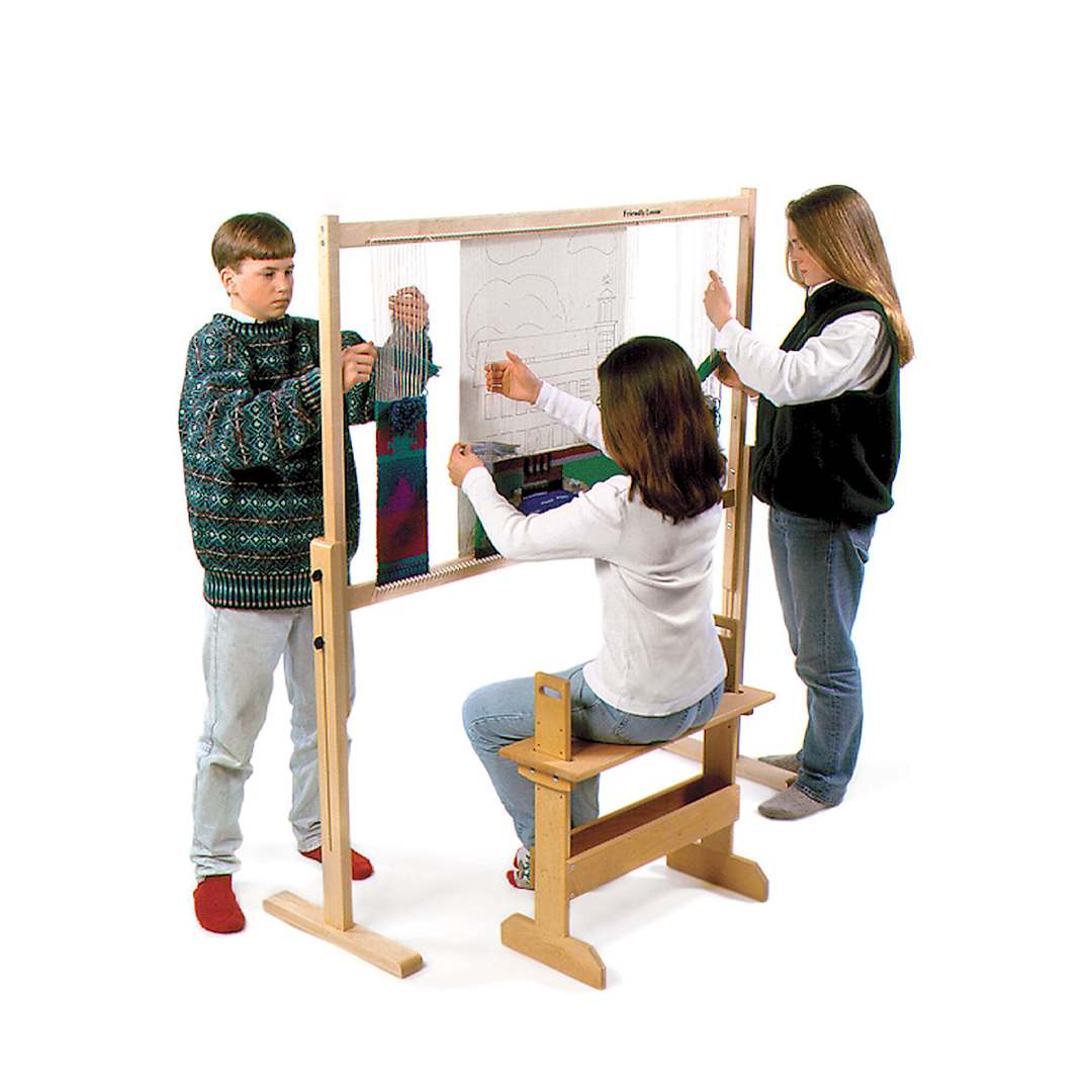 Open in modal - Harrisville Designs Friendly Loom - Three students working independently on assembled Loom