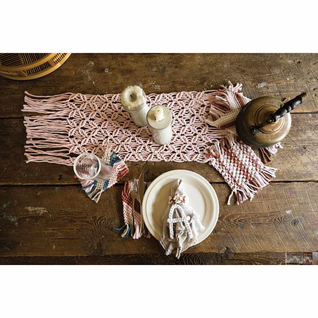 Open in modal - Lion Brand Mac-Re-Me Yarn, finished crochet table topper and coasters
