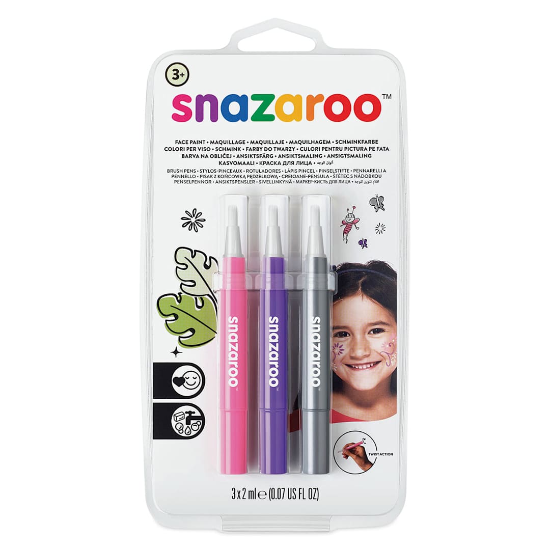 Open in modal - Snazaroo Face Paint Brush Pen Set - Front of blister package of 3 Fantasy Colors