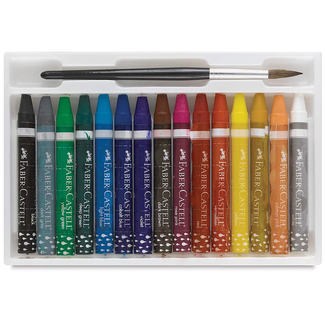 Open in modal - Faber-Castell Watercolor Crayons - Set of 15 crayons shown open in tray with paintbrush