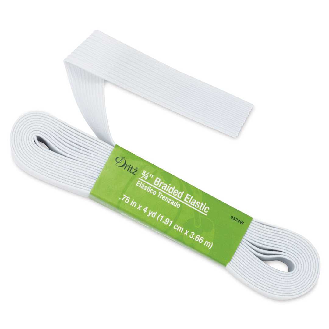 Open in modal - Dritz Braided Elastic - 3/4" White Elastic tape slightly pulled out of label