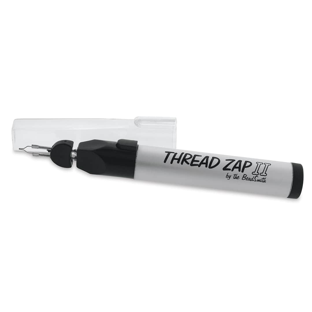 Open in modal - Beadsmith Thread Zap II - Angled view of uncapped Tool with Cap adjacent
